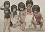  1girl backpack bag bikini brown_bikini brown_eyes brown_hair casual_one-piece_swimsuit feet_out_of_frame flat_chest full_body green_shirt hair_between_eyes highres looking_at_viewer messy_hair multiple_views one-piece_swimsuit original pink_swimsuit shion_(mirudakemann) shirt shoes_removed short_hair side-tie_bikini squatting swimsuit swimsuit_under_clothes t-shirt trowel 