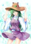  1girl :d bangs commentary cosplay cowboy_shot eyes_visible_through_hair green_eyes green_hair hair_between_eyes hair_ornament hands_on_headwear hands_up highres kochiya_sanae long_hair looking_away moriya_suwako moriya_suwako_(cosplay) open_mouth osashin_(osada) purple_skirt purple_vest shirt sidelocks skirt smile snake_hair_ornament solo touhou vest water_drop white_shirt wide_sleeves 