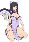  1girl bangs black_hair blunt_bangs breasts cleavage_cutout clothing_cutout covered_navel dress eyebrows_visible_through_hair fan folding_fan highres holding holding_fan houtengeki large_breasts long_hair looking_at_viewer original pelvic_curtain purple_nails side_slit sidelocks simple_background sitting solo violet_eyes white_background 