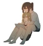  2girls :o bare_legs barefoot between_legs black_shirt black_shorts blonde_hair bored brown_hair chin_on_head chinese_commentary closed_mouth collarbone commentary_request earrings feet full_body head_rest highres holding holding_tablet_pc hug hug_from_behind jewelry legs long_hair multiple_girls natsuyiro_x original ponytail shirt shorts simple_background stud_earrings t-shirt tablet_pc towel towel_around_neck white_background white_shirt yuri 