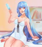  1girl babydoll bangs bed bedroom blue_hair book bookshelf breasts cry_sinkai food highres kula_diamond legs long_hair looking_at_viewer popsicle small_breasts smile the_king_of_fighters violet_eyes white_babydoll 