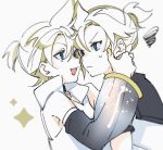  2boys bare_shoulders bass_clef black_collar blonde_hair collar detached_sleeves dual_persona face-to-face frown hand_on_another&#039;s_head high_collar kagamine_len kagamine_len_(append) looking_at_another male_focus motu0505 multiple_boys nail_polish pendant_choker sailor_collar see-through_sleeves shirt short_ponytail short_sleeves smile sparkle spiky_hair squiggle sweat upper_body v-shaped_eyebrows vocaloid vocaloid_append white_background white_shirt yellow_nails 