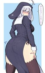  1girl ahoge alternate_costume ass black_legwear blue_dress breasts dress fate/grand_order fate_(series) habit highres ishibori_eregomos jeanne_d&#039;arc_(alter)_(fate) jeanne_d&#039;arc_(fate)_(all) juliet_sleeves large_breasts long_sleeves nun puffy_sleeves short_hair silver_hair solo speech_bubble thigh-highs translation_request yellow_eyes 