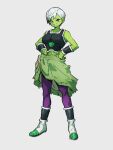  1girl breasts cheelai colored_skin dragon_ball dragon_ball_super dragon_ball_super_broly full_body green_skin grey_background hands_on_hips kemachiku looking_at_viewer medium_breasts midriff navel short_hair simple_background solo standing violet_eyes white_hair 