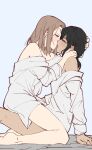  2girls aqua_eyes arm_support bare_legs bare_shoulders barefoot black_hair blue_background blue_shirt blush brown_eyes brown_hair commentary_request dark-skinned_female dark_skin french_kiss from_side hand_on_another&#039;s_head hand_on_another&#039;s_neck iceky kiss long_hair long_sleeves low_ponytail medium_hair multiple_girls naked_shirt no_pants off_shoulder original profile saliva scar_on_arm scar_on_forehead shirt simple_background straddling upright_straddle yuri 
