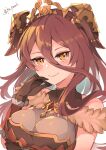  1girl absurdres bangs bare_shoulders closed_mouth dragalia_lost gloves hair_ornament hand_on_own_face highres jewelry long_hair looking_at_viewer mukatsukupochi mym_(dragalia_lost) red_eyes redhead smile 