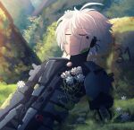  1boy ahoge bangs blush broken cheer_(cheerkitty14) closed_eyes closed_mouth dangan_ronpa_(series) dangan_ronpa_v3:_killing_harmony flower grass hair_between_eyes hair_flower hair_ornament highres keebo lying male_focus messy_hair power_armor solo tree white_flower white_hair 