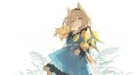  1girl animal_ear_fluff animal_ears arknights bahao_diqiu black_choker black_hairband blonde_hair blush bouquet choker dog_ears dog_tail dress flower frilled_dress frills green_dress green_eyes hair_between_eyes hairband head_tilt highres holding holding_bouquet long_hair looking_at_viewer official_alternate_costume plant podenco_(arknights) podenco_(wake_up_from_a_nap)_(arknights) simple_background smile solo symbol_commentary tail upper_body white_background yellow_flower 