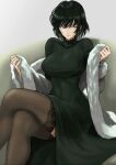  1girl :o anagumasan breasts crossed_legs fubuki_(one-punch_man) fur_trim gradient gradient_background green_eyes green_hair highres large_breasts looking_to_the_side one-punch_man short_hair sitting solo thigh-highs 