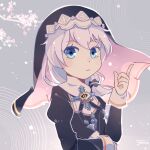  1348551779 1girl blue_eyes cherry_blossoms closed_mouth hair_between_eyes hand_up hat highres honkai_(series) honkai_impact_3rd index_finger_raised long_sleeves looking_at_viewer nun profile side_ponytail solo theresa_apocalypse theresa_apocalypse_(valkyrie_pledge) white_hair 