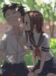  1boy 1girl absurdres arm_support black_hair black_pants black_skirt blue_sailor_collar blurry blurry_background blush brown_eyes brown_hair closed_mouth commentary cowboy_shot embarrassed english_commentary food hand_on_own_thigh highres ice_cream karakai_jouzu_no_takagi-san lens_flare long_hair looking_at_another looking_away looking_up neckerchief nishikata open_mouth outdoors pants pleated_skirt red_neckwear sailor_collar school_uniform serafuku shirt short_hair short_sleeves sidelocks signature sitting skirt sunlight takagi-san white_shirt zeng$_(zwj) 