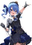  1girl :d arm_up bangs beret black_gloves blue_bow blue_eyes blue_hair blue_nails blush bow commentary_request crown eyebrows_visible_through_hair frilled_skirt frills gloves grey_headwear grey_jacket grey_skirt hair_between_eyes hair_bow hana_mori hat highres holding holding_microphone hololive hoshimachi_suisei jacket long_hair looking_at_viewer microphone mini_crown nail_polish open_mouth outstretched_arm partially_fingerless_gloves plaid plaid_headwear plaid_jacket plaid_skirt pleated_skirt shirt side_ponytail simple_background skirt smile solo striped striped_bow thigh_strap virtual_youtuber white_background white_shirt 