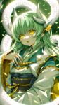  1girl :d bangs blurry blush commentary_request dragon_horns eyebrows_visible_through_hair fang fate/grand_order fate_(series) gradient gradient_background green_background green_hair hand_on_own_chest hand_up highres horns japanese_clothes kimono kiyohime_(fate) long_hair long_sleeves looking_at_viewer morizono_shiki nail_polish obi open_mouth petals sash smile snake solo upper_body white_snake wide_sleeves yellow_eyes 