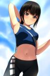  1girl absurdres arm_up armpits bangs bare_arms bare_shoulders black_hair black_pants blue_shirt blue_sky blurry blurry_background blush breasts brown_eyes closed_mouth clouds cloudy_sky crop_top day depth_of_field eyebrows_visible_through_hair highres looking_at_viewer matsunaga_kouyou navel nose_blush original outdoors pants shirt sky sleeveless sleeveless_shirt small_breasts smile solo 