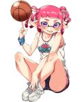  1girl ball bangs basketball basketball_jersey black_shorts blunt_bangs clothes_writing dolphin_shorts domino_mask fangs full_body high_tops highres holding holding_ball inkling inkling_(language) lace-trimmed_panties lace_trim looking_at_viewer mask motion_blur open_mouth panties panty_peek penguin_maru_(penginmaru) pink_hair pointy_ears print_shirt shirt short_hair short_shorts short_twintails shorts simple_background sitting smile solo splatoon_(series) tentacle_hair twintails underwear violet_eyes white_background white_footwear white_shirt wristband 