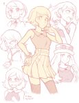  1girl ? absurdres bangs blush bracelet collared_shirt commentary embarrassed english_commentary english_text eyelashes flying_sweatdrops hand_on_hip hand_up highres jewelry long_hair multiple_views open_mouth pleated_skirt pokemon pokemon_adventures sally_(luna-arts) shirt short_hair skirt sleeveless sleeveless_shirt thigh-highs tongue v-shaped_eyebrows white_background yvonne_gabena 