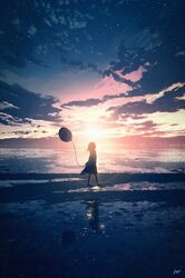  1girl absurdres arms_behind_back artist_name balloon beach clouds dress highres holding holding_balloon medium_hair original outdoors reflection scenery shoes silhouette sky skyrick9413 solo star_(sky) sun sunlight sunset walking wind 