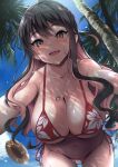  1girl bikini bikini_bottom bikini_top black_hair breasts collarbone fang fang_out floral_print hair_down hanging_breasts hat highres jewelry kantai_collection kyogoku_shin large_breasts long_hair multicolored_hair naganami_(kancolle) navel necklace pink_hair pov red_bikini ring shade side-tie_bikini solo stomach straw_hat sunlight sweat sweatdrop swimsuit tree yellow_eyes 