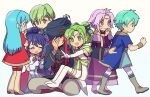  3girls 4boys :d aqua_hair bangs blue_hair blush boots bracelet braid circlet eirika_(fire_emblem) elbow_gloves ephraim_(fire_emblem) fire_emblem fire_emblem:_the_sacred_stones fire_emblem_heroes gloves green_eyes green_hair hair_between_eyes hand_on_own_face hat innes_(fire_emblem) jewelry joshua_(fire_emblem) kurimori l&#039;arachel_(fire_emblem) long_hair lyon_(fire_emblem) multiple_boys multiple_girls open_mouth pointing pulled_by_another pulling purple_hair red_eyes redhead short_hair sitting sitting_on_lap sitting_on_person smile tana_(fire_emblem) thigh-highs thigh_boots twin_braids violet_eyes younger 
