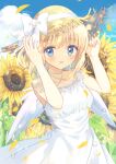  1girl absurdres adjusting_clothes adjusting_headwear air air_bubble aiyan bangs blonde_hair blue_eyes blue_sky blush border bow brown_headwear bubble clouds cloudy_sky commentary_request day dress eyebrows_visible_through_hair flower hat hat_bow highres kamio_misuzu looking_at_viewer open_mouth outdoors short_hair sky sleeveless sleeveless_dress smile solo standing straw_hat sun_hat sundress sunflower white_border white_dress wings 