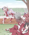  5girls angry animal_ears arm_up bangs beanie beer_hsk black_hair blunt_bangs brown_hair closed_eyes ear_bow eyebrows_visible_through_hair gold_ship_(umamusume) grass hat horse_ears horse_girl horse_tail kin&#039;iro_ryotei_(umamusume) long_hair mask mejiro_mcqueen_(umamusume) messy_hair mouth_mask multiple_girls nakayama_festa_(umamusume) orfevre_(umamusume) pillbox_hat purple_hair running shoes silver_hair tail track_suit tree umamusume violet_eyes visible_air 