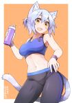  1girl animal_ear_fluff animal_ears bike_shorts blue_hair bottle bra breasts cat_ears cat_tail collarbone dated eyebrows_visible_through_hair fang highres large_breasts midriff navel open_mouth orange_background orange_eyes original pants ponytail ryota_tentei scar scar_on_cheek scar_on_face short_hair shorts simple_background solo sports_bra sportswear stomach sweat tail tank_top tora_tentei twitter_username underwear water_bottle yoga_pants 