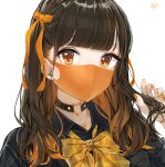  1girl absurdres bangs black_choker bow brown_eyes brown_hair choker collarbone gradient gradient_bow gradient_neckwear hair_ribbon hand_up heart heart_choker highres looking_at_viewer mask mouth_mask multicolored_hair orange_hair orange_nails orange_ribbon original portrait ribbon signature solo takenoko_no_you two-tone_hair white_background yellow_bow yellow_neckwear yellow_ribbon 