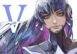  1boy androgynous armor bangs blue_hair bodysuit collarbone eyelashes highres long_hair looking_at_viewer male_focus protagonist_(smtv) purple_hair shin_megami_tensei shin_megami_tensei_v simple_background solo subakeye very_long_hair yellow_eyes 