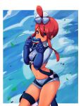  1girl 2049_(hh5566) :d bangs belt blue_belt blue_eyes blue_footwear blue_gloves blue_jacket blue_shorts blue_sky boots breasts clouds cowboy_shot cropped_jacket eyebrows_behind_hair gloves groin gym_leader hair_between_eyes hair_ornament hands_up heart heart_hands highres jacket knee_boots looking_at_viewer medium_breasts midriff navel one_side_up open_mouth pokemon pokemon_(game) pokemon_bw redhead short_hair_with_long_locks short_shorts shorts sidelocks skindentation sky skyla_(pokemon) smile solo standing standing_on_one_leg thigh_pouch tied_hair turtleneck upper_teeth wind 