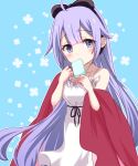  1girl alternate_costume alternate_hairstyle aqua_background azur_lane bangs blunt_bangs bow bowtie casual coat collarbone commentary_request contemporary dress eyebrows_visible_through_hair eyes_visible_through_hair floral_background food hair_down hairband head_tilt highres holding long_hair looking_at_viewer parted_lips popsicle purple_hair red_coat sidelocks simple_background solo spaghetti_strap sukireto unicorn_(azur_lane) violet_eyes white_dress 