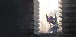  absurdres building commentary dust_cloud eva_01 highres mecha neon_genesis_evangelion no_humans outdoors scaffolding scenery smoke teraka1110 