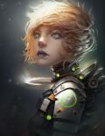    1girl absurdres aqua_eyes armor bangs blonde_hair bright_pupils chromatic_aberration commentary english_commentary eyelashes face floating_hair highres huabaobei_huabaobei lips lipstick looking_away makeup neon_trim nose nostrils orange_hair original portrait realistic science_fiction short_hair solo spacesuit 