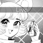  1girl animal_ears arizona_(drink) bangs blush can commentary english_commentary english_text face franzj greyscale highres holding holding_can looking_at_viewer meme monochrome mouse_ears nazrin open_mouth parody short_hair smile snapchat solo sparkling_eyes step_arts style_parody touhou 