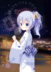  1girl absurdres animal_print bangs blue_eyes blurry bunny_print commentary_request depth_of_field eyebrows_visible_through_hair fan fengshen_chino fireworks gochuumon_wa_usagi_desu_ka? hair_between_eyes hair_ornament highres holding japanese_clothes kafuu_chino kimono long_hair looking_at_viewer night night_sky ponytail sidelocks silver_hair sky smile solo summer_festival x_hair_ornament yukata 