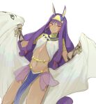 1girl bangs bare_legs belt bracelet dark-skinned_female dark_skin fate/grand_order fate_(series) hairband highres holding holding_towel jewelry long_hair looking_at_viewer necklace nitocris_(fate) pointy_ears simple_background smile solo stomach towel tuze111 twintails underwear violet_eyes white_background 