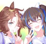  2girls :d animal_ears aqua_eyes chestnut_mouth daitaku_helios_(umamusume) ear_covers ear_ornament facepaint fang gradient gradient_background green_background hair_ornament hairclip horse_ears mejiro_palmer_(umamusume) multicolored_hair multiple_girls one_eye_closed open_mouth romi_(346_ura) school_uniform side-by-side skin_fang smile star_(symbol) star_hair_ornament streaked_hair tracen_school_uniform umamusume v white_background 