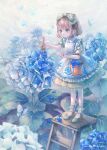  1girl absurdres alice_in_wonderland blue_butterfly blue_theme blush bow brown_hair bucket bug butterfly clenched_hand cotolier_risa dress english_commentary flower frilled_dress frills hair_bow highres holding holding_paintbrush hydrangea insect ladder outdoors paint_can paintbrush painting rain shoes short_hair signature solo standing stepladder white_legwear 