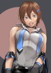  1girl :p breasts brown_hair character_request fangs gloves grey_eyes hair_ornament hairclip highres kirie_kairi looking_at_viewer necktie open_mouth short_hair smile solo tongue tongue_out 
