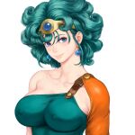  1girl asymmetrical_clothes blue_eyes breasts commentary_request covered_nipples curly_hair dragon_quest dragon_quest_iv earrings green_hair headpiece heroine_(dq4) jewelry looking_at_viewer short_hair shu-mai slime_(dragon_quest) solo upper_body 