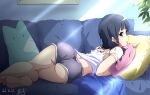  1girl arched_back ass ass_focus back bangs bare_legs barefoot blouse blue_hair couch dated hibike!_euphonium highres indoors light_rays liz_to_aoi_tori looking_at_viewer medium_hair nii_manabu open_mouth pillow plant red_eyes shiny short_shorts shorts signature soles solo sunbeam sunlight thighs yoroizuka_mizore 