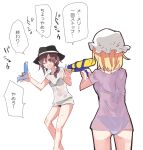 2girls ass asymmetrical_hair bikini blonde_hair brown_hair fedora feet_out_of_frame from_behind hat maribel_hearn mob_cap multiple_girls purple_t-shirt see-through shiroshi_(denpa_eshidan) short_hair swimsuit thighs touhou translation_request two-piece_swimsuit usami_renko water water_gun wet wet_clothes white_t-shirt