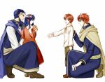 1girl 3boys armor beard blue_hair cape delsaber dress eliwood_(fire_emblem) facial_hair father_and_daughter father_and_son fire_emblem fire_emblem:_the_binding_blade fire_emblem:_the_blazing_blade hand_on_own_chest hector_(fire_emblem) lilina_(fire_emblem) looking_at_another multiple_boys older open_mouth outstretched_hand red_dress redhead robe roy_(fire_emblem) smile younger 