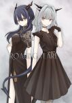  2girls 99noe_honoka alternate_costume arknights back-to-back black_choker black_dress black_gloves blue_hair ch&#039;en_(arknights) choker dragon_girl dragon_horns dragon_tail dress english_text feet_out_of_frame gloves grey_background grey_hair hair_intakes highres horns long_hair multiple_girls red_eyes siblings sisters standing tail talulah_(arknights) 