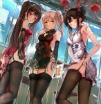  3girls armpits bangs bare_shoulders black_dress black_gloves black_hair black_legwear blunt_bangs blush chair china_dress chinese_clothes classroom cleavage_cutout clothing_cutout desk double_bun dress elbow_gloves feet_out_of_frame floral_print from_below garter_straps gloves grey_eyes hair_ribbon highres hiragi_ringo indoors lantern long_hair looking_at_viewer looking_down multiple_girls original parted_lips red_dress red_eyes red_ribbon ribbon school_chair school_desk short_dress sidelocks silver_hair skindentation sleeveless sleeveless_dress standing thigh-highs twintails white_dress window yellow_eyes 