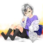  1boy :d black-framed_eyewear black_hair black_legwear black_shorts blush brown_eyes collarbone fang full_body glasses grey_hair head_tilt kamiyoshi_rika knees_up labcoat long_sleeves looking_at_viewer male_focus multicolored_hair nijisanji no_shoes open_clothes open_mouth over-rim_eyewear pillow purple_shirt semi-rimless_eyewear shirt short_shorts shorts sitting sleeves_past_fingers sleeves_past_wrists smile socks soles solo streaked_hair suzuki_masaru virtual_youtuber 