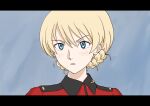  1girl bangs blonde_hair blue_eyes braid commentary darjeeling_(girls_und_panzer) eyebrows_visible_through_hair frown girls_und_panzer jacket letterboxed looking_to_the_side military military_uniform mito_(mitotank) open_mouth portrait red_jacket short_hair solo st._gloriana&#039;s_military_uniform tied_hair twin_braids uniform 