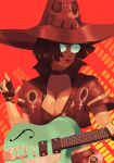  1girl black_hair choker electric_guitar fingerless_gloves gloves guilty_gear guilty_gear_strive guitar hat highres i-no instrument jacket prog_ares red_headwear red_jacket red_lips short_hair sunglasses tinted_eyewear venus_symbol witch_hat 