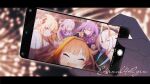  5girls amane_kanata bangs blonde_hair blunt_bangs closed_eyes closed_mouth dragon_girl dragon_horns english_text eyebrows_visible_through_hair fingernails hair_ornament himemori_luna hololive horns kiryu_coco long_hair medium_hair multicolored_hair multiple_girls orange_hair phone pink_hair pointy_ears sanasedayo streaked_hair tokoyami_towa tsunomaki_watame twintails violet_eyes white_hair 