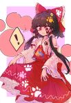  ! 1girl bangs bow brown_hair choushi_bukkoki_maru commentary_request detached_sleeves hair_bow hair_tubes hakurei_reimu long_sleeves paw_print pink_background red_bow red_eyes red_shirt red_skirt shirt short_hair_with_long_locks skirt skirt_hold solo spoken_exclamation_mark touhou wide_sleeves wily_beast_and_weakest_creature 