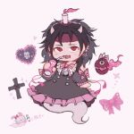  1other alternate_costume androgynous black_hair can candle chibi dress energy_drink fangs ghost ghost_tail hairband holding holding_can horns lamp len&#039;en monster_energy red_eyes short_hair solo taira_no_chouki 